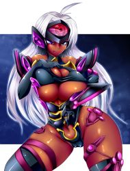 Rule 34 | 00s, 1girl, armor, artist request, bare shoulders, black gloves, black thighhighs, breasts, cameltoe, cleavage, dark-skinned female, dark skin, female focus, gloves, huge breasts, long hair, navel, nose, purple eyes, shiny skin, silver hair, skindentation, smile, solo, t-elos, thighhighs, tongue, tongue out, xenosaga, xenosaga episode iii
