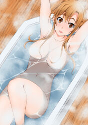 Rule 34 | 1girl, armpits, arms behind head, asuna (sao), bathing, bathtub, braid, breasts, breasts apart, brown eyes, brown hair, collarbone, commentary request, completely nude, convenient censoring, convenient leg, french braid, from above, highres, large breasts, long hair, looking at viewer, navel, nude, open mouth, paid reward available, partially submerged, solo, steam, steam censor, sword art online, teto0315