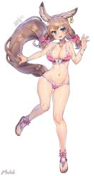 Rule 34 | 10s, 1girl, animal ear fluff, animal ears, artist name, bad id, bad pixiv id, bikini, blade &amp; soul, blue eyes, blush, breasts, brown hair, cleavage, earrings, fangs, full body, hair ribbon, highres, jewelry, large breasts, long hair, looking at viewer, lyn (blade &amp; soul), muloli, navel, open mouth, pink bikini, ribbon, sandals, simple background, single earring, smile, solo, standing, striped bikini, striped clothes, swimsuit, tail