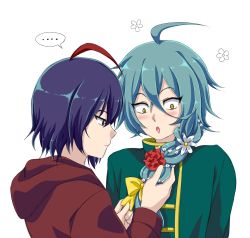 Rule 34 | ..., 2boys, :o, ahoge, aqua hair, ashe bradley, black eyes, blouse, blue hair, blush, bow, braid, brown hoodie, closed mouth, expressionless, flower, flower (symbol), from side, green shirt, hair between eyes, hair bow, hair flower, hair ornament, holding another&#039;s hair, hood, hoodie, looking down, male focus, moon-realm, multicolored hair, multiple boys, red flower, red hair, sanpaku, shirt, short hair, single braid, spoken ellipsis, streaked hair, upper body, white background, white flower, wilardo adler, witch&#039;s heart, yellow bow, yellow eyes