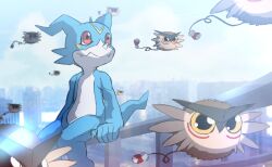 Rule 34 | building, digimon, digimon (creature), fang, flying, highres, puwamon, red eyes, tail, v-mon