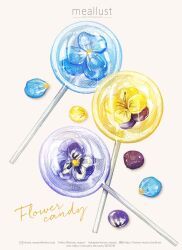 Rule 34 | artist name, blue flower, candy, dated, english text, flower, food, food focus, haruna macpro, highres, no humans, original, petals, purple flower, simple background, white day