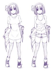 Rule 34 | 1girl, bare shoulders, blush, buttons, closed mouth, collarbone, contemporary, eyebrows, full body, hairband, jacket, jacket off shoulders, konpaku youmu, lineart, miniskirt, monochrome, multiple views, navel, nori tamago, off shoulder, shirt, shoes, short hair, short shorts, shorts, simple background, sketch, skirt, sleeveless, smile, sneakers, standing, stomach, t-shirt, tank top, tareme, thighhighs, touhou, upper body, zettai ryouiki