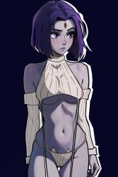 Rule 34 | 1girl, absurdres, animification, blush, cable knit, colored skin, dc comics, garter straps, grey skin, highres, meme attire, navel, panties, purple hair, purple lips, raven (dc), redpostit, ribbed panties, ribbed sleeves, ribbed sweater, short hair, side-tie panties, sleeveless, sleeveless turtleneck, solo, sweater, teen titans, turtleneck, turtleneck sweater, underwear, virgin destroyer sweater, white garter straps, white sweater