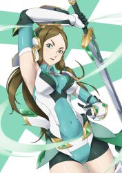 Rule 34 | 1girl, absurdres, alternate costume, alternate universe, aqua leotard, bike shorts, breasts, brown hair, collared leotard, covered navel, elbow gloves, fang, gloves, gluteal fold, green eyes, green gloves, head tilt, highres, holding, holding sword, holding weapon, humanization, long hair, looking to the side, medium breasts, open hand, open mouth, parted bangs, phara suyuf, senki zesshou symphogear, skin fang, solo, sword, weapon, wind, yuuyatails