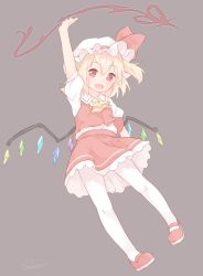 Rule 34 | 1girl, arm up, ascot, blonde hair, flandre scarlet, full body, hat, hat ribbon, laevatein, looking at viewer, miniskirt, mob cap, open mouth, pantyhose, puffy short sleeves, puffy sleeves, red eyes, red footwear, red ribbon, red skirt, ribbon, sakurea, shoes, short sleeves, simple background, skirt, skirt set, smile, solo, touhou, vest, white pantyhose, wings
