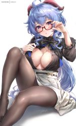 Rule 34 | 1girl, areola slip, black shirt, breasts, brown pantyhose, duplicate, ganyu (china merchants bank) (genshin impact), ganyu (genshin impact), genshin impact, glasses, goat horns, highres, horns, large breasts, looking at viewer, no bra, official alternate costume, open clothes, open shirt, pantyhose, rei kun, semi-rimless eyewear, shirt, simple background, sitting, skirt, solo, white skirt