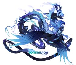 Rule 34 | animal focus, antlers, artist name, bird wings, blue horns, blue wings, commission, dragon, eastern dragon, electricity, feathered wings, from side, full body, highres, horns, mane, natuooooooooooo, no humans, original, pawpads, profile, simple background, solo, tail, white background, wings