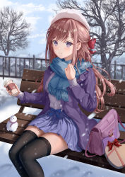 Rule 34 | 1girl, absurdres, bare tree, bench, black thighhighs, blue scarf, box, brown hair, closed mouth, commentary request, cup, day, disposable cup, feet out of frame, gift, gift box, hair ribbon, hand up, hat, heart-shaped box, highres, hohan, holding, holding cup, jacket, long hair, long sleeves, looking at viewer, nail polish, original, outdoors, pleated skirt, purple bag, purple eyes, purple jacket, purple nails, purple skirt, railing, red ribbon, ribbon, scarf, sitting, skirt, smile, snow, snowing, snowman, solo, sweater, thighhighs, tree, white hat, white sweater, winter