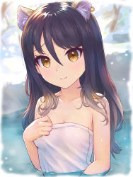 Rule 34 | 1girl, animal ear fluff, animal ears, bad id, bad pixiv id, bare arms, bare shoulders, black hair, blush, breasts, brown eyes, cleavage, closed mouth, collarbone, commentary request, day, ear piercing, hair between eyes, hand up, highres, long hair, looking at viewer, naked towel, outdoors, partially submerged, piercing, princess connect!, shiori (princess connect!), small breasts, smile, snow, snowing, solo, tiger ears, towel, upper body, water, yako noir (kei-ne)