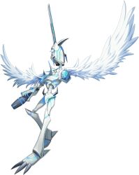 Rule 34 | 1boy, angel wings, arm cannon, armor, bandai, cannon, claws, digimoji, digimon, digimon (creature), digimon new century, glowing, glowing hand, highres, horns, katana, monster, no humans, official art, omegamon merciful mode, simple background, solo, sword, weapon, wings