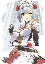 Rule 34 | 1girl, absurdres, armor, armored dress, ascot, blush, braid, braided bangs, breasts, cleavage, dress, ebibi chiriri, flower, gauntlets, genshin impact, green eyes, grey hair, hair flower, hair ornament, highres, looking at viewer, medium breasts, noelle (genshin impact), notice lines, parted lips, red ascot, red flower, red rose, rose, short hair, simple background, solo
