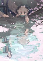 Rule 34 | 2boys, animal ears, black hair, boat, branch, cat boy, cat ears, cat tail, flower, gihuta hiroshi, highres, long hair, long sleeves, luo xiaohei, luo xiaohei (human), luo xiaohei zhanji, multiple boys, pink flower, reflection, short hair, tail, water, watercraft, white hair, wuxian (the legend of luoxiaohei)