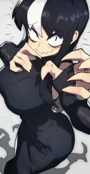 Rule 34 | 1girl, artist name, black dress, black eyes, black hair, borrowed character, breasts, claws, dress, fingerless gloves, gloves, hata4564, highres, large breasts, long hair, multicolored hair, noss (rariatto), original, simple background, solo, vampire, white background, white hair, wide hips