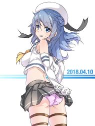 Rule 34 | 1girl, 2018, ass, blue eyes, blue hair, breasts, cowboy shot, crop top, dated, double bun, elbow gloves, from behind, gloves, grey skirt, grin, hair between eyes, hair bun, halkawa501, hat, highres, kantai collection, large breasts, looking at viewer, looking back, midriff, neckerchief, panties, pantyshot, pink panties, pleated skirt, sailor hat, school uniform, serafuku, simple background, skindentation, skirt, sleeves rolled up, smile, solo, standing, thigh strap, underwear, urakaze (kancolle), white background, white gloves, yellow neckerchief