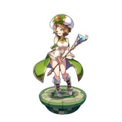 Rule 34 | 1girl, bare shoulders, boots, breasts, brown eyes, brown hair, cleavage, cleavage cutout, clothing cutout, dragalia lost, full body, hat, holding, holding staff, large breasts, looking at viewer, non-web source, official art, open mouth, saitou naoki, smile, solo, sophie (dragalia lost), staff, standing, transparent background