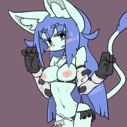 Rule 34 | 1girl, animal, animal ears, bare shoulders, breasts, cat, cat ears, choker, female focus, furry, furry female, gloves, long hair, looking at viewer, milk, no bra, purple hair, simple background, smile, solo, the amboina, yellow eyes
