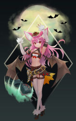 Rule 34 | 1girl, absurdres, animal, animal ear fluff, animal ears, armpits, arms up, bat (animal), bat ears, bat girl, bat wings, belt, book, breasts, claws, cleavage, cleavage cutout, clothing cutout, cloud, crown, detached sleeves, doha skylightscent, eyeshadow, fang, fingernails, folded fan, folding fan, frills, hand fan, high heels, highres, large belt, long hair, magic, makeup, medium breasts, moon, navel, open book, original, pink hair, red eyes, red eyeshadow, sleeves past wrists, solo, standing, thighhighs, vampire, wings