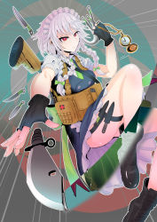 Rule 34 | 1girl, absurdres, assault rifle, black footwear, black gloves, blue dress, boots, bow, braid, chain, check weapon, commentary request, cross-laced footwear, dress, fingerless gloves, fingernails, foreshortening, gloves, gold chain, green necktie, gun, hair bow, highres, holster, izayoi sakuya, knife sheath, knife sheath, korean commentary, livingdead (wmg7776), looking at viewer, maid, maid headdress, mixed-language commentary, necktie, red eyes, revealing layer, rifle, sheath, short sleeves, smile, solo, speed lines, thigh strap, thighs, touhou, twin braids, watch, weapon, white hair