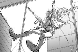 Rule 34 | 1girl, action, an-94, an-94 (girls&#039; frontline), assault rifle, boots, building, dm owr, full body, girls&#039; frontline, greyscale, gun, highres, holding, holding gun, holding weapon, long hair, mask, monochrome, rappelling, rifle, rope, shorts, sketch, solo, weapon, window