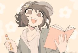 Rule 34 | 1girl, black hair, book, brown eyes, drawing, flower, hat, highres, holding, jacket, looking at viewer, open mouth, original, pencil, pink background, self-portrait, short hair, simple background, smile, temmie chang, temmie chang (character)