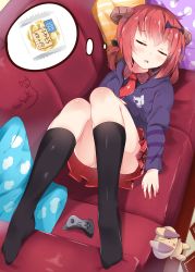Rule 34 | 10s, 1girl, :3, artist name, bat hair ornament, black socks, blush, bread, closed eyes, cloud print, collared shirt, company name, controller, couch, cross, cross print, demon girl, demon horns, dreaming, drooling, food, from above, full body, gabriel dropout, game controller, hair between eyes, hair ornament, hair rings, highres, hood, hoodie, horns, inverted cross, kneehighs, lawson, long sleeves, lying, melon bread, nahaki, necktie, on back, orange hair, panties, parted lips, pillow, pleated skirt, red necktie, red skirt, satanichia kurumizawa mcdowell, shirt, short necktie, signature, sin-poi, skirt, sleeping, socks, solo, stuffed animal, stuffed rabbit, stuffed toy, thought bubble, underwear, white panties, wing collar, | |