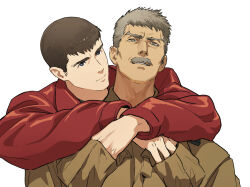 2boys black_eyes brown_hair brown_shirt facial_hair grey_eyes grey_hair hand_in_another&#039;s_pocket hands_in_another&#039;s_pockets highres hug hug_from_behind looking_at_viewer male_focus mature_male multiple_boys mustache poyosoftware red_shirt ryuji_satake shirt short_hair simple_background thick_eyebrows thomas_j._prahmman white_background yaoi yuuki_bakuhatsu_bang_bravern