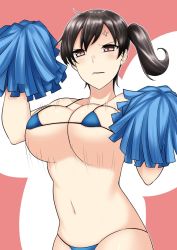Rule 34 | 1girl, anger vein, bikini, black hair, blue bikini, bouncing breasts, breasts, brown eyes, cheerleader, commentary request, cowboy shot, highres, huge breasts, kaga (kancolle), kantai collection, large breasts, long hair, micro bikini, navel, pom pom (cheerleading), rikkii (likito yuzu is), side ponytail, solo, swimsuit