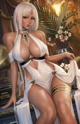 Rule 34 | 1girl, 2020, azur lane, bare shoulders, breasts, center opening, cleavage, collarbone, dark-skinned female, dark skin, dress, dutch angle, evening gown, feet out of frame, female focus, fingernails, forehead tattoo, groin, highres, jewelry, large breasts, lips, long fingernails, long hair, looking at viewer, massachusetts (azur lane), massachusetts (dressed to impress) (azur lane), mirror, nail polish, necklace, parted bangs, parted lips, phonograph, red eyes, reflection, sciamano240, signature, silver hair, sitting, skirt hold, smile, solo, thighlet, thighs, vase, very long hair, white dress, white nails