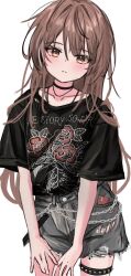 Rule 34 | 1girl, ahoge, akarinnndesu, alternate costume, band shirt, black choker, black shirt, blush, bracelet, brown eyes, brown hair, casual, cellphone, chain, choker, collarbone, crossed bangs, denim, denim shorts, double-parted bangs, emo fashion, group name, hair between eyes, highres, hololive, hololive english, jewelry, long hair, looking at viewer, merchandise, multicolored hair, nanashi mumei, phone, shirt, shirt tucked in, shorts, smartphone, spiked bracelet, spikes, streaked hair, t-shirt, thigh strap, torn clothes, torn shorts, very long hair, virtual youtuber