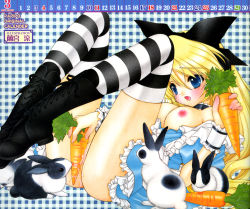 Rule 34 | 1girl, absurdres, alice (alice in wonderland), alice in wonderland, blonde hair, blue eyes, blush, boots, bow, breasts, carrot, choker, dress, female masturbation, frills, hair bow, highres, masturbation, medium breasts, nail polish, nipples, no panties, pussy, pussy juice, rabbit, ramiya ryou, solo, striped clothes, striped thighhighs, thighhighs