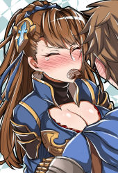 Rule 34 | 1boy, 1girl, beatrix (granblue fantasy), blush, breasts, brown hair, candy, chocolate, chocolate heart, cleavage, commentary request, closed eyes, food, gran (granblue fantasy), granblue fantasy, hair ornament, heart, hetero, hug, large breasts, long hair, mouth hold, ponytail, sanmoto gorouzaemon, tears