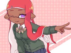 Rule 34 | 1girl, blue skirt, bow, bowtie, breasts, collar, dark-skinned female, dark skin, dotted background, eyelashes, green bow, green bowtie, green shirt, inkling, inkling girl, inkling player character, inuowour, long hair, medium breasts, nintendo, one eye closed, pink background, pink bow, pink bowtie, pleated skirt, pointy ears, purple eyes, red hair, shirt, skirt, solo, splatoon (series), tentacle hair, tongue, tongue out, two-tone bowtie, upper body, v, white collar