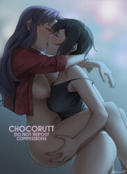 Rule 34 | 2girls, artist name, ass, black hair, breasts, breasts out, chainsaw man, chocorut, closed eyes, crossover, english text, face-to-face, female focus, female orgasm, grabbing another&#039;s ass, highres, himeno (chainsaw man), hug, katsuragi misato, kiss, long hair, medium breasts, multiple girls, neon genesis evangelion, nipples, nude, orgasm, purple hair, short hair, trait connection, wide hips, yuri