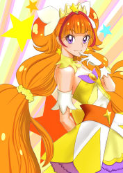 Rule 34 | 1girl, absurdres, amanogawa kirara, amawa kazuhiro, arm behind back, arm garter, bare shoulders, blunt bangs, blush, breasts, brown hair, cure twinkle, detached collar, dress, earrings, finger to mouth, from side, gloves, go! princess precure, gradient hair, hair ribbon, highres, jewelry, light smile, long hair, looking at viewer, low twintails, magical girl, multicolored hair, orange hair, precure, purple eyes, red hair, ribbon, scrunchie, small breasts, smile, solo, star (symbol), star earrings, strapless, strapless dress, tiara, twintails, two-tone hair, very long hair, white gloves, yellow dress