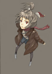 Rule 34 | coat, from above, grey hair, hat, highres, jacket, laio, pantyhose, ponytail, red eyes, santa hat, scarf, skirt, solo