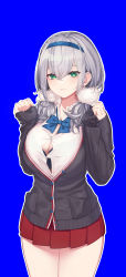 Rule 34 | 1girl, absurdres, alternate costume, black bra, blazer, blue background, bra, breasts, cleavage, cosplay, green eyes, green screen, grey hair, hair ornament, headband, highres, hololive, indie virtual youtuber, jacket, large breasts, long sleeves, open clothes, open shirt, oshiruko (oshiruco 212048), pom pom (clothes), pom pom hair ornament, school uniform, shigure ui (vtuber) (2nd costume), shigure ui (vtuber), shigure ui (vtuber) (cosplay), shirogane noel, short hair, short twintails, skirt, smile, twintails, underwear, virtual youtuber