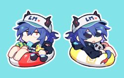 Rule 34 | 1girl, arknights, baseball cap, black jacket, blue background, blue hair, cameo, ch&#039;en (arknights), ch&#039;en the holungday (arknights), chibi, commentary, dragon girl, dragon horns, dragon tail, folded ponytail, food, food in mouth, fruit, hair between eyes, hat, heart, holding, holding removed eyewear, hood, hood down, hooded jacket, horns, horns through headwear, innertube, jacket, long sleeves, looking at viewer, official alternate costume, open mouth, outline, popsicle, popsicle in mouth, red eyes, rubber duck, sidelocks, simple background, stuffed animal, stuffed toy, sunglasses, swim ring, symbol-only commentary, tail, talulah (arknights), unworn eyewear, vento, watermelon, white headwear, white outline