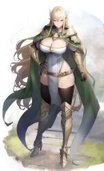Rule 34 | 1girl, absurdres, armor, armored boots, baketsu, belt, belt pouch, black thighhighs, blonde hair, boots, bracer, breasts, brown belt, brown gloves, cape, cleavage, closed mouth, dress, gloves, green cape, green eyes, hair between eyes, hand on own hip, high heel boots, high heels, highres, large breasts, original, pauldrons, pelvic curtain, pointy ears, pouch, shoulder armor, solo, thighhighs, white dress, wing hair ornament