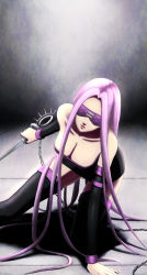 Rule 34 | 1girl, blindfold, breasts, chain, chro htm, facial mark, fate/stay night, fate (series), forehead mark, kneeling, long hair, looking at viewer, medusa (fate), medusa (rider) (fate), nameless dagger (fate), purple hair, solo, thighhighs, weapon, zettai ryouiki