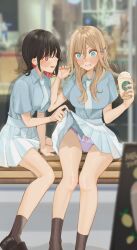 Rule 34 | 2girls, angry, annoyed, assertive female, bench, black hair, black panties, blonde hair, blurry, blurry background, blush, breasts, cameltoe, clothes lift, collared shirt, colored inner hair, cup, disposable cup, frappuccino, hair ornament, hairclip, highres, holding, holding cup, lifted by self, long hair, looking down, medium breasts, medium hair, multicolored hair, multiple girls, necktie, noyama (noyama8888), open mouth, original, panties, pink eyes, pink hair, pleated skirt, purple panties, reflection, school uniform, shirt, shirt tucked in, shoes, short sleeves, sitting, skirt, skirt lift, socks, two-tone hair, underwear, white necktie, white skirt, yuri