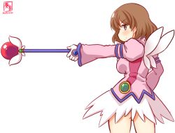 Rule 34 | 1girl, alternate costume, artist logo, back, breasts, brown hair, corrector yui, cowboy shot, dated, dress, gloves, kanon (kurogane knights), kantai collection, kasuga yui, long sleeves, looking at viewer, magical girl, medium breasts, oboro (kancolle), one-hour drawing challenge, orange hair, pink dress, puffy long sleeves, puffy sleeves, short hair, simple background, solo, staff, white background, white gloves, wings