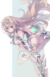 Rule 34 | 1girl, armor, blonde hair, blush, breasts, butt crack, cleavage, cleavage cutout, clothing cutout, elbow gloves, gem, gloves, headpiece, highres, holding, holding weapon, huanxiang huifeng, large breasts, long hair, looking at viewer, mythra (xenoblade), nintendo, pleated skirt, serious, skirt, solo, swept bangs, tiara, weapon, xenoblade chronicles (series), xenoblade chronicles 2, yellow eyes