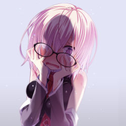 Rule 34 | 1girl, ahoge, black-framed eyewear, black dress, blurry, blush, breasts, detached sleeves, dress, fate/grand order, fate (series), full-face blush, glasses, crooked eyewear, gradient background, grey background, hair over one eye, hands on own face, highres, looking at penis, looking at viewer, mash kyrielight, medium breasts, open mouth, penis awe, penis shadow, pink hair, purple eyes, sakuya tsuitachi, shadow, short hair, simple background, sleeveless, solo, upper body