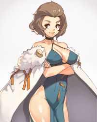 Rule 34 | 1girl, breasts, brown eyes, brown hair, cape, choker, cleavage, crossed arms, covered erect nipples, female focus, fire emblem, fire emblem: three houses, fur trim, hair slicked back, highleg, highres, large breasts, lipstick, makeup, manuela casagranda, matching hair/eyes, mole, nail polish, nintendo, solo, vins-mousseux, white background