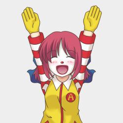 Rule 34 | 1girl, \o/, arms up, clown, cosplay, female focus, hair ribbon, happy, kohaku (tsukihime), kohatsuka, makeup, mcdonald&#039;s, meme, outstretched arms, parody, ran ran ru, red hair, ribbon, ronald mcdonald, ronald mcdonald (cosplay), short hair, simple background, solo, striped, tsukihime, white background