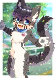 Rule 34 | 1boy, :d, animal ears, black-framed eyewear, black hair, blue collar, blue eyes, blue sky, blurry, blurry background, collar, commentary request, commission, day, depth of field, fang, furry, furry male, glasses, guard rail, heart, kou hiyoyo, looking at viewer, male focus, navel, open mouth, original, road, skeb commission, sky, smile, solo, standing, striped, tail