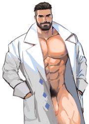Rule 34 | 1boy, abs, bara, bare pectorals, beard, black hair, bottomless, closed mouth, coat, creatures (company), dopey (dopq), facial hair, flaccid, game freak, hands in pockets, highres, lab coat, looking at viewer, male focus, male pubic hair, muscular, muscular male, naked labcoat, navel, nintendo, nipples, open clothes, open coat, pectorals, penis, pokemon, pokemon sv, pubic hair, short hair, simple background, smile, solo, turo (pokemon), undercut, white background