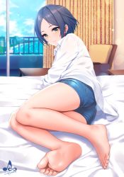 Rule 34 | 1girl, artist name, ass, bare legs, barefoot, blue hair, blue shorts, blurry, blurry background, blush, breasts, chair, closed mouth, collared shirt, commentary request, curtains, day, denim, denim shorts, earrings, feet, foreshortening, hayami kanade, highres, idolmaster, idolmaster cinderella girls, indoors, infinote, jewelry, looking at viewer, medium breasts, on bed, parted bangs, shirt, short hair, short shorts, shorts, smile, soles, solo, stud earrings, table, toes, untucked shirt, white shirt, window, yellow eyes