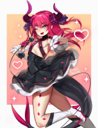 Rule 34 | 1girl, ;d, artist name, blue eyes, blue ribbon, boots, breasts, commentary, dress, elizabeth bathory (fate), elizabeth bathory (fate/extra ccc), elizabeth bathory (first ascension) (fate), english commentary, eyes visible through hair, fang, fate/grand order, fate (series), gradient background, hair ribbon, heart, high heel boots, high heels, holding, holding microphone, horns, jpeg artifacts, knee boots, long hair, looking at viewer, microphone, one eye closed, open mouth, outstretched arm, pink hair, pointy ears, ribbon, simple background, small breasts, smile, solo, sparkle, tail, terupancake, twitter username, v-shaped eyebrows, wrist cuffs